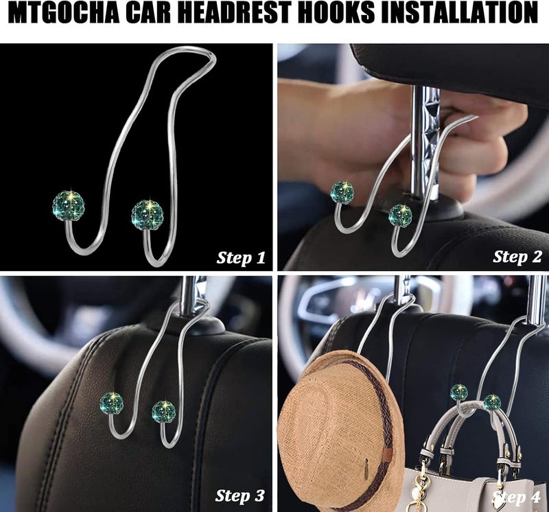 MTGOCHA Bling Purse Hook for Car Headrest, Upgraded Cute Car Seat Hooks for Bag Handbag, Durable Stainless Auto Purse Hanger Holder 2 Pack, Green - Image 4